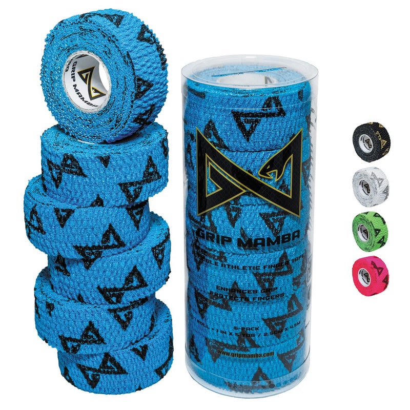 GRIP MAMBA Elastic Athletic Finger Tape 1Wide wPremium Adhesive Protects Hand Thumb Fingers Enhances Grip Sleeve Blister Wrap for Sports Golf Tennis Basketball Pickleball Blue 3 Rolls